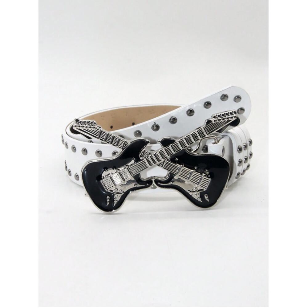 White Guitar Buckle Studded Belt Punk Rock Y2K Waist Belt Gothic Streetwear